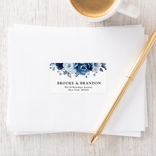 Dusty Blue Slate Navy Floral Botanical Wedding Adressaufkleber (Insitu)