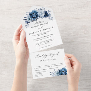 Dusty Blue Slate Navy Floral Botanical Wedding All In One Einladung