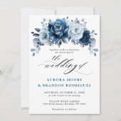 Dusty Blue Slate Navy Floral Botanical Wedding Einladung (Vorderseite)