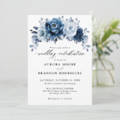 Dusty Blue Slate Navy Floral Botanical Wedding Einladung (Stehend Vorderseite)