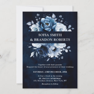 Dusty Blue Slate Navy Floral Botanical Wedding Inv Einladung