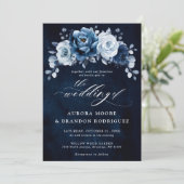 Dusty Blue Slate Navy Floral Botanical Wedding Inv Einladung (Stehend Vorderseite)