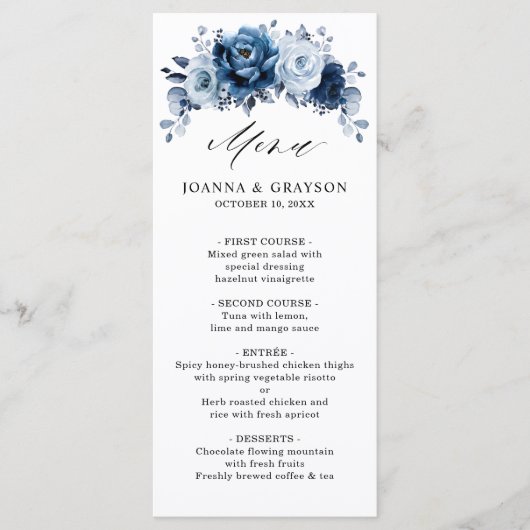 Dusty Blue Slate Navy Floral Botanical Wedding Menükarte (Vorderseite)