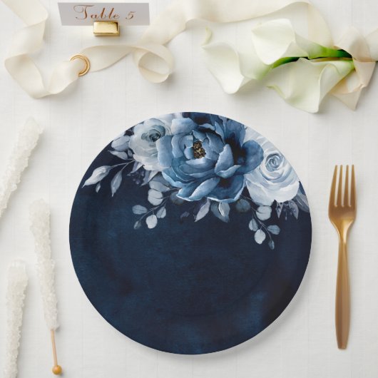 Dusty Blue Slate Navy Floral Botanical Wedding Pap Pappteller (Hochzeit)