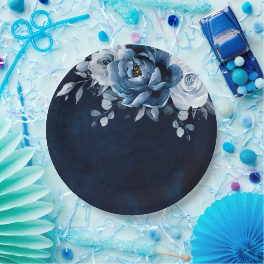 Dusty Blue Slate Navy Floral Botanical Wedding Pap Pappteller (Party)