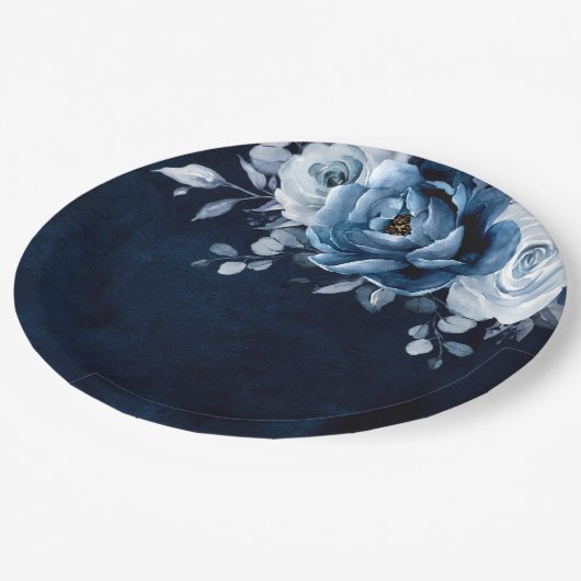 Dusty Blue Slate Navy Floral Botanical Wedding Pap Pappteller (Schrägansicht)