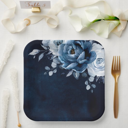 Dusty Blue Slate Navy Floral Botanical Wedding Pap Pappteller (Hochzeit)