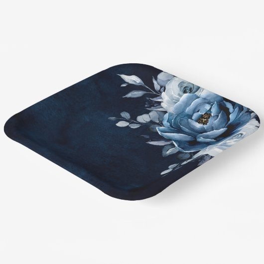 Dusty Blue Slate Navy Floral Botanical Wedding Pap Pappteller (Gewinkelt)