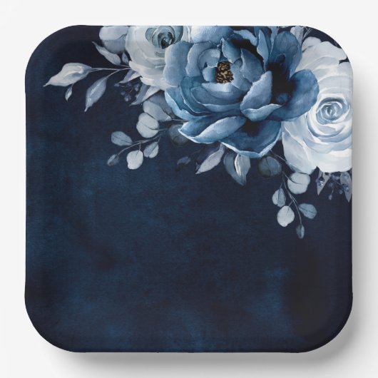 Dusty Blue Slate Navy Floral Botanical Wedding Pap Pappteller (Vorderseite)