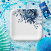 Dusty Blue Slate Navy Floral Botanical Wedding Pap Pappteller (Party)