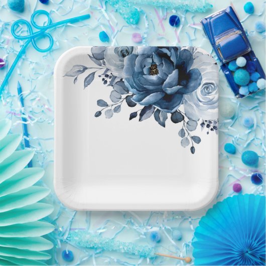 Dusty Blue Slate Navy Floral Botanical Wedding Pap Pappteller (Party)
