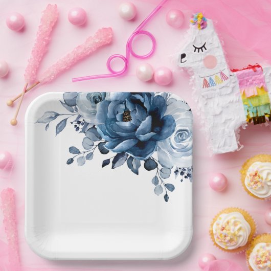 Dusty Blue Slate Navy Floral Botanical Wedding Pap Pappteller (Party)