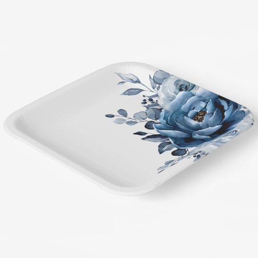 Dusty Blue Slate Navy Floral Botanical Wedding Pap Pappteller (Gewinkelt)