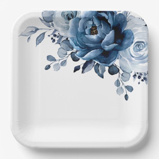 Dusty Blue Slate Navy Floral Botanical Wedding Pap Pappteller (Vorderseite)