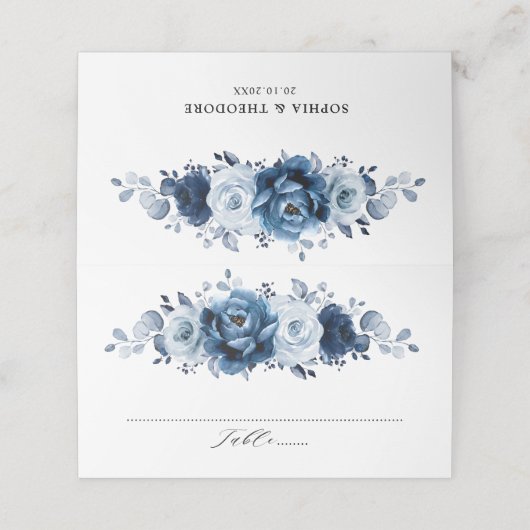 Dusty Blue Slate Navy Floral Botanical Wedding Platzkarte (Außenseite Aufgefaltet)