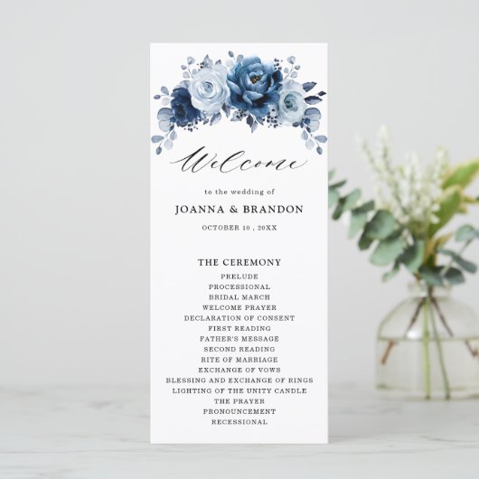 Dusty Blue Slate Navy Floral Botanical Wedding Programm (Stehend Vorderseite)