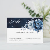 Dusty Blue Slate Navy Floral Botanical Wedding RSV RSVP Karte (Stehend Vorderseite)