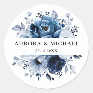 Dusty Blue Slate Navy Floral Botanical Wedding Runder Aufkleber