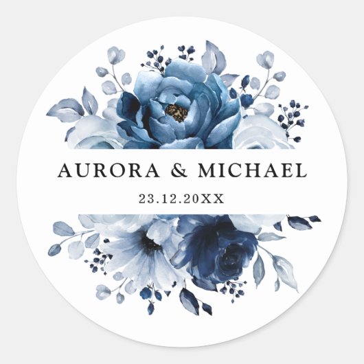 Dusty Blue Slate Navy Floral Botanical Wedding Runder Aufkleber (Vorderseite)