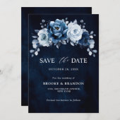 Dusty Blue Slate Navy Floral Botanical Wedding Sav Save The Date (Vorne/Hinten)