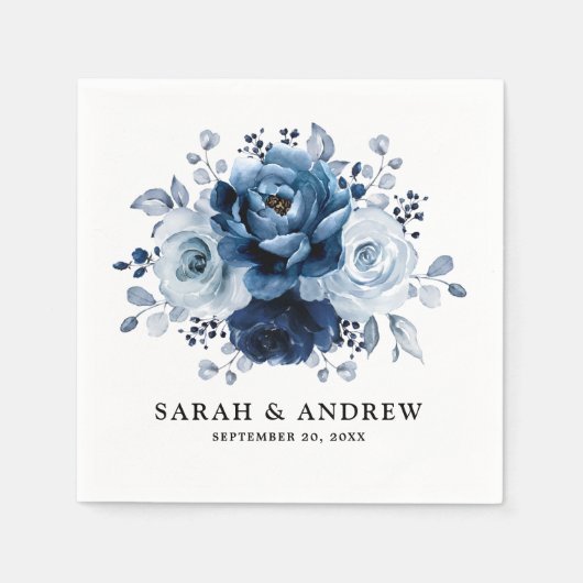 Dusty Blue Slate Navy Floral Botanical Wedding Serviette (Vorderseite)