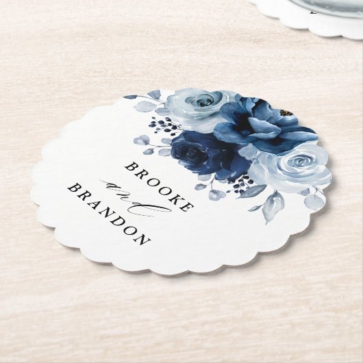 Dusty Blue Slate Navy Floral Botanical Wedding Untersetzer (angewinkelt)