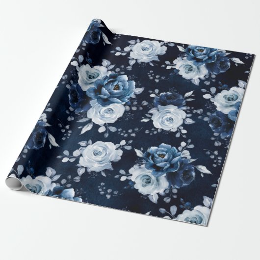 Dusty Blue Slate Navy Floral Botanical Wedding Wra Geschenkpapier (Ungerollt)