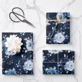 Dusty Blue Slate Navy Floral Botanical Wedding Wra Geschenkpapier Set
