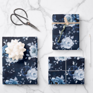 Dusty Blue Slate Navy Floral Botanical Wedding Wra Geschenkpapier Set