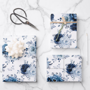 Dusty Blue Slate Navy Floral Botanical Wedding Wra Geschenkpapier Set