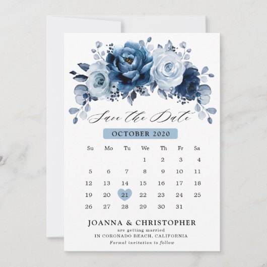 Dusty Blue Slate Navy Floral Botanischer Kalender Save The Date (Vorderseite)