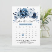 Dusty Blue Slate Navy Floral Botanischer Kalender Save The Date (Stehend Vorderseite)
