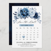 Dusty Blue Slate Navy Floral Botanischer Kalender Save The Date (Vorne/Hinten)