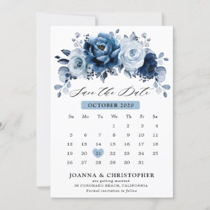 Dusty Blue Slate Navy Floral Botanischer Kalender Save The Date