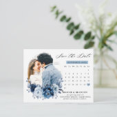 Dusty Blue Slate Navy Floral Wedding Save the Date Postkarte (Stehend Vorderseite)