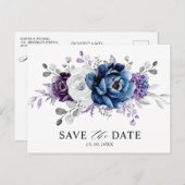 Dusty Blue Slate Navy Floral Wedding Save the Date Postkarte (Vorne/Hinten)