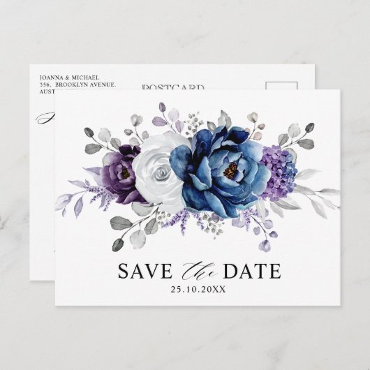 Dusty Blue Slate Navy Floral Wedding Save the Date Postkarte (Vorne/Hinten)