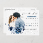 Dusty Blue Slate Navy Floral Wedding Save the Date Postkarte (Vorne/Hinten)