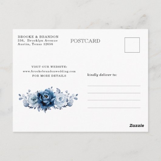 Dusty Blue Slate Navy Floral Wedding Save the Date Postkarte (Rückseite)