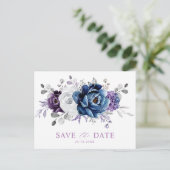 Dusty Blue Slate Navy Floral Wedding Save the Date Postkarte (Stehend Vorderseite)