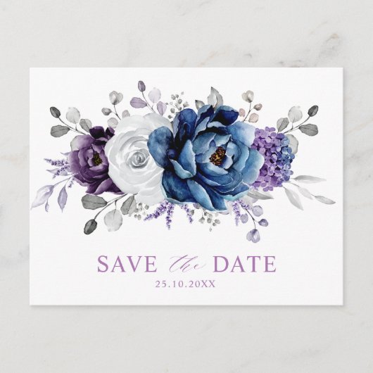 Dusty Blue Slate Navy Floral Wedding Save the Date Postkarte (Vorderseite)