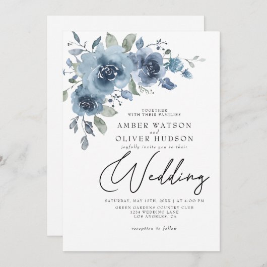 Dusty Blue Slate Pastel Light Floral Boho Wedding Einladung (Vorne/Hinten)