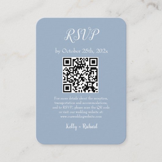 Dusty Blue Small Vertical Wedding RSVP QR Code Begleitkarte (Vorderseite)