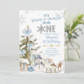 Dusty Blue Snow Much Fun To Be One Birthday Einladung (Stehend Vorderseite)