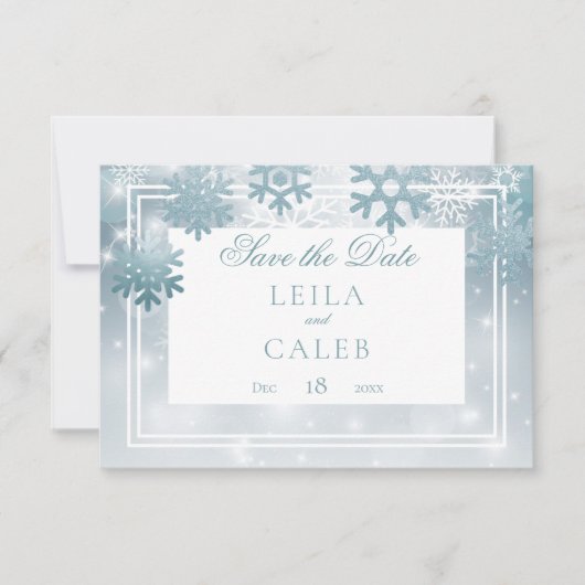 Dusty Blue Snowflake Moderne Hochzeit Save The Date (Vorderseite)