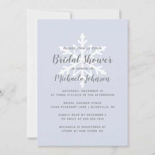 Dusty Blue Snowflake Winter Brautparty Einladung (Vorderseite)