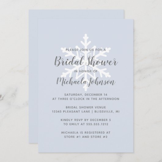 Dusty Blue Snowflake Winter Brautparty Einladung (Vorne/Hinten)