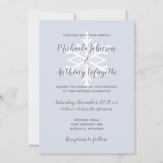 Dusty Blue Snowflake Winter Wedding Einladung (Vorderseite)