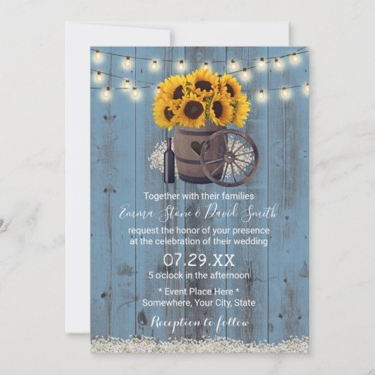 Dusty Blue Sonnenblume Holz Barrel Rustikale Hochz Einladung (Vorderseite)