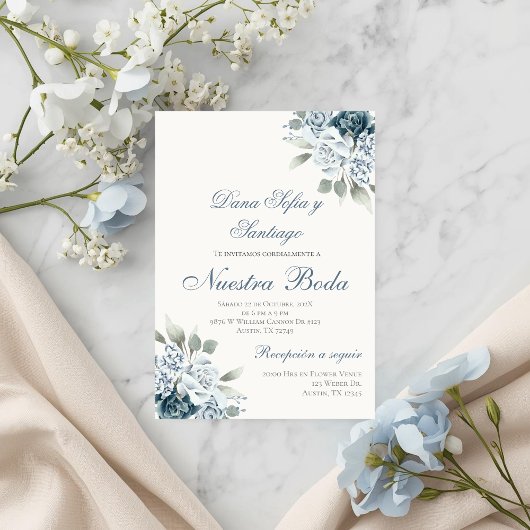 Dusty Blue Spanish Wedding Einladung